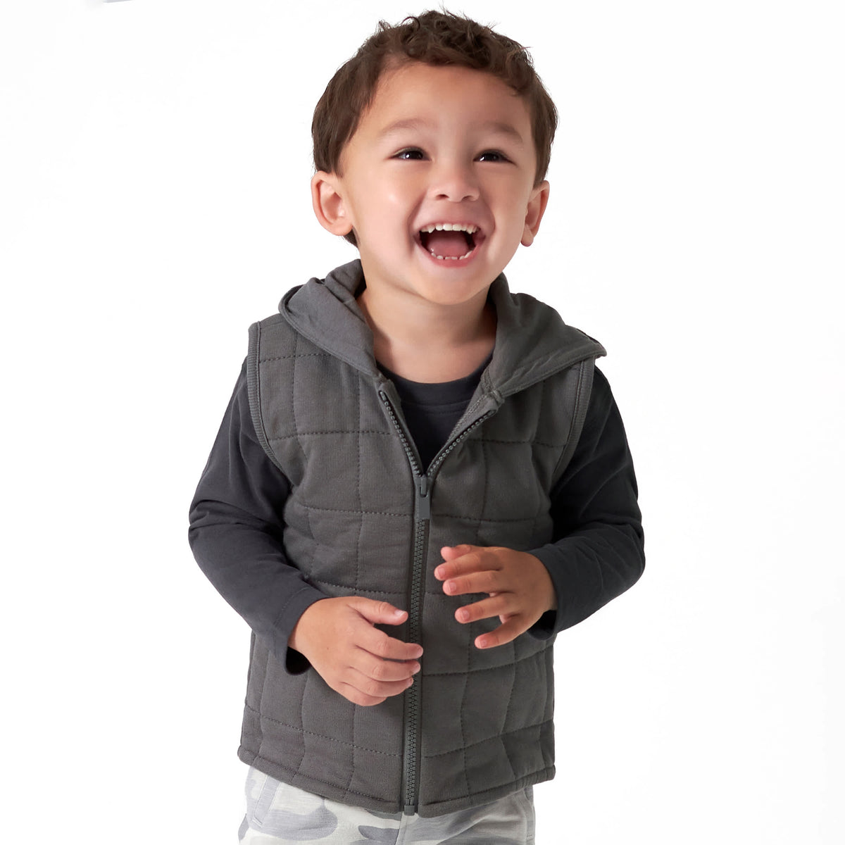 Modern Moments by Gerber Infant & Toddler Boys Gray Quilted Hooded Vest, view 2