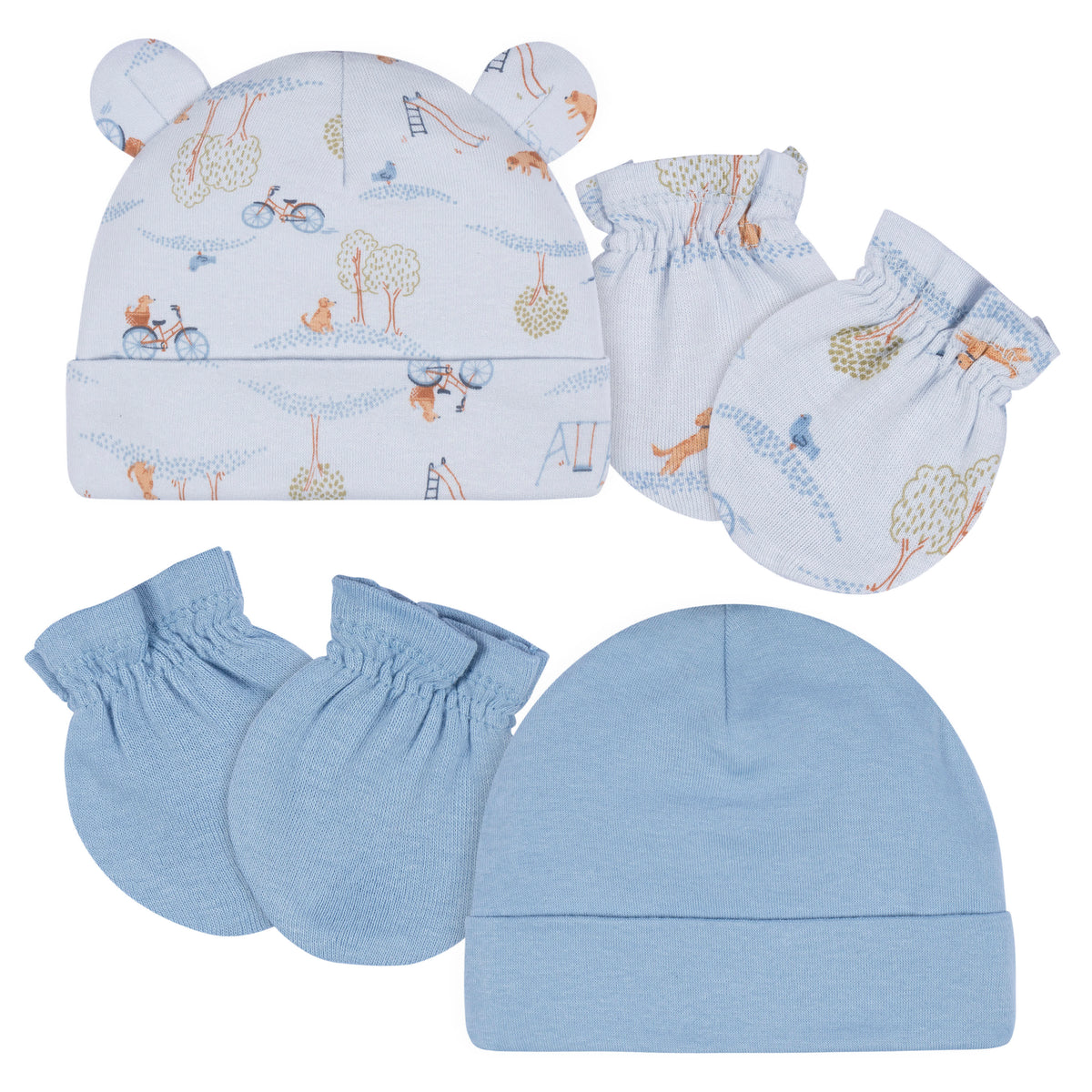 4-Piece Baby Boys Puppy Playground Cap & Mitten Set