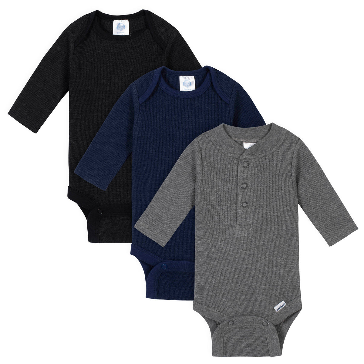 3-Pack Baby Boys Solid Thermal Long Sleeve Onesies Bodysuits