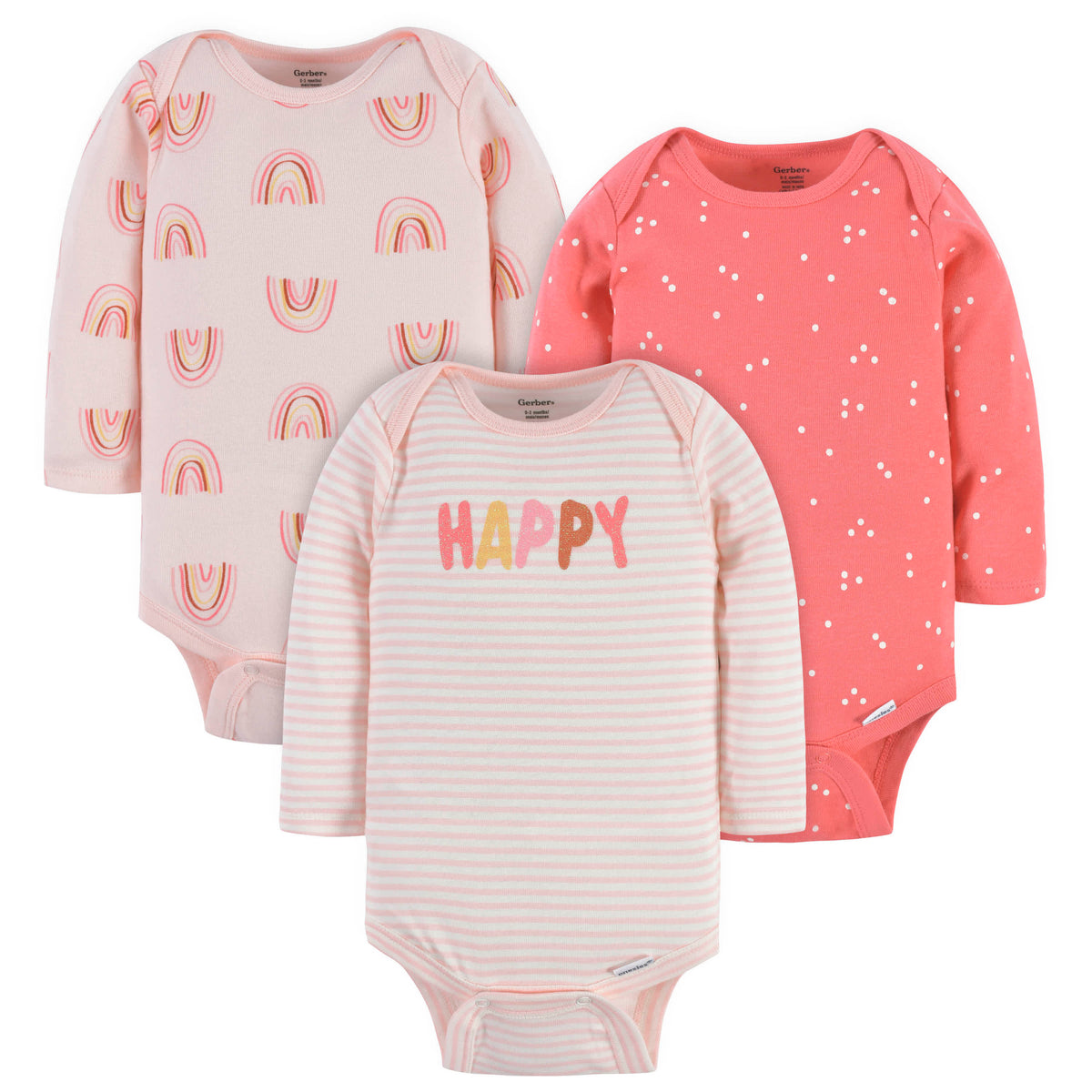 3-Pack Baby Girls Happy Long Sleeve Onesies Bodysuits