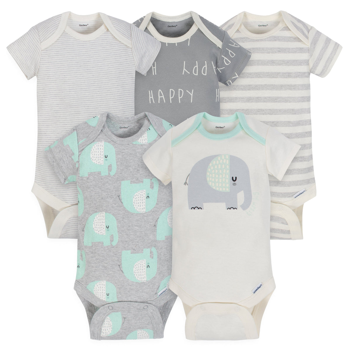 5-Pack Organic Baby Neutral Elephant Stripe Onesies Bodysuits