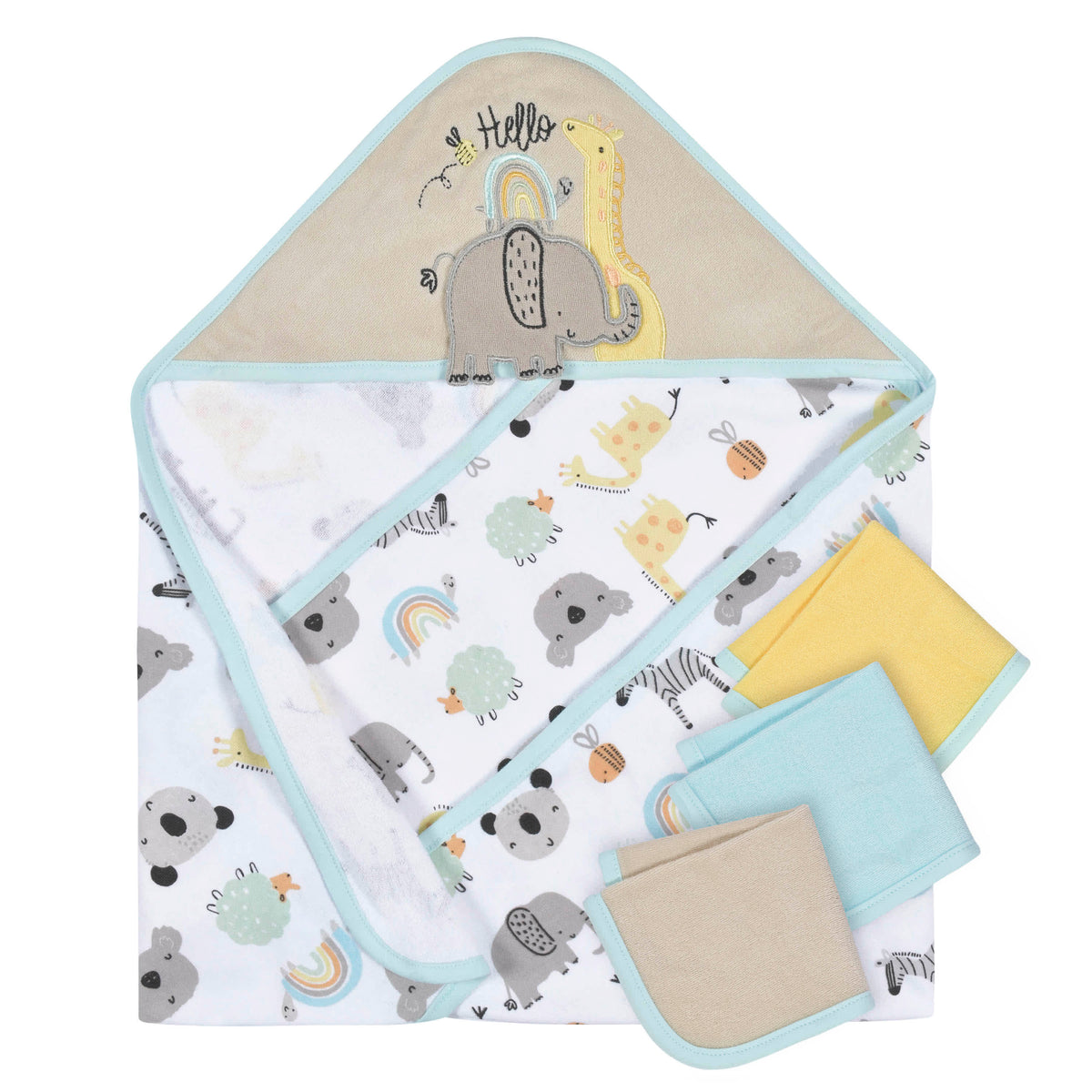 4-Pack Baby Neutral Little Animals Hooded Towel and Washcloths
