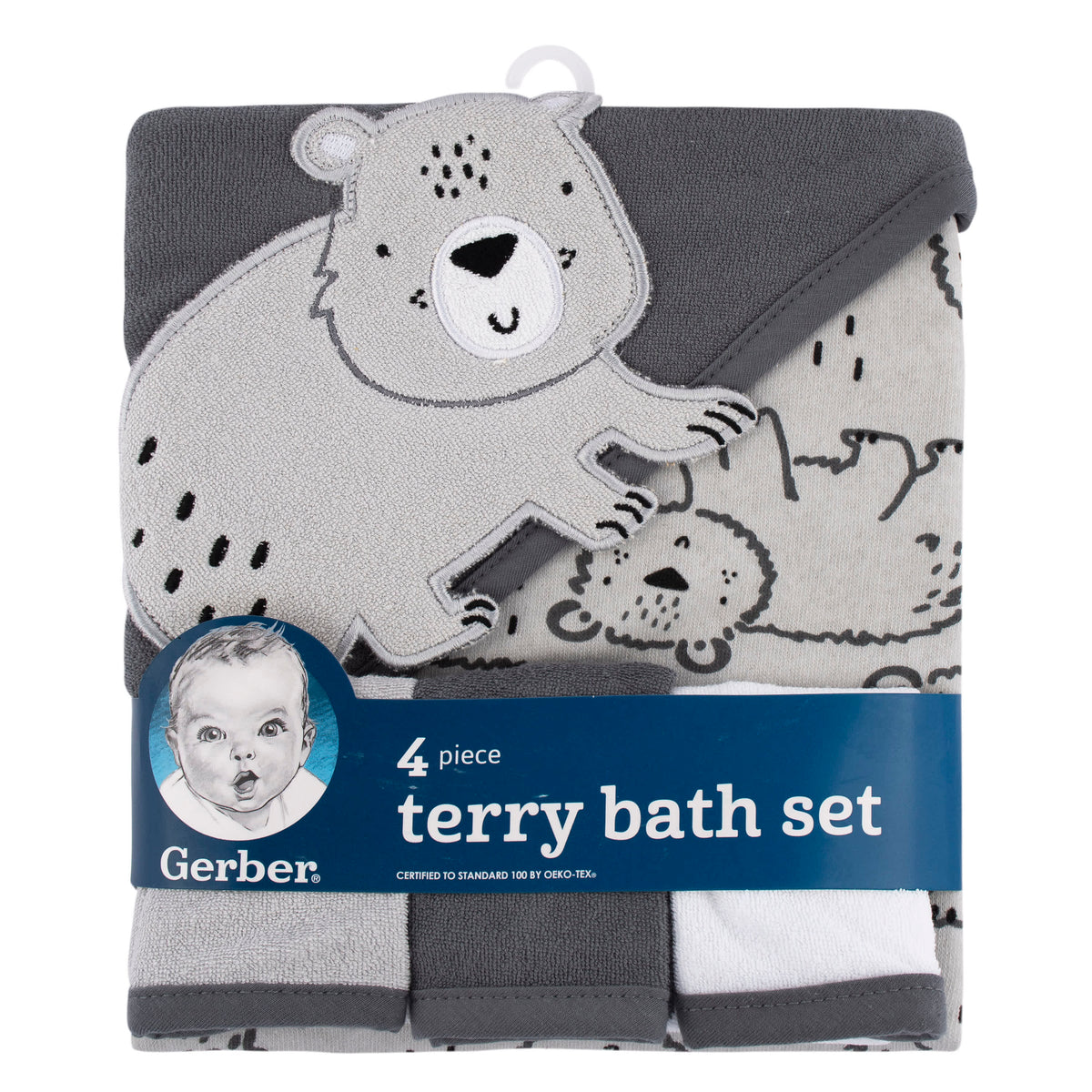 4-Pack Baby Boys Bear Hooded Towel and Washcloths, view 2