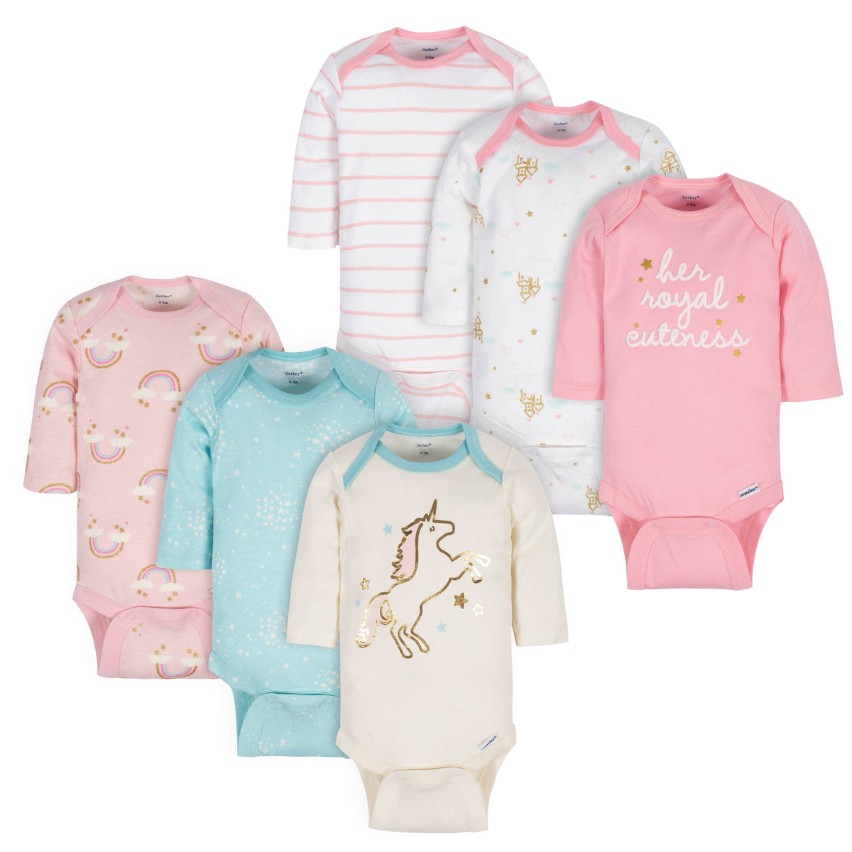 6-Pack Baby Girls Unicorn & Royalty Long Sleeve Onesies Bodysuits