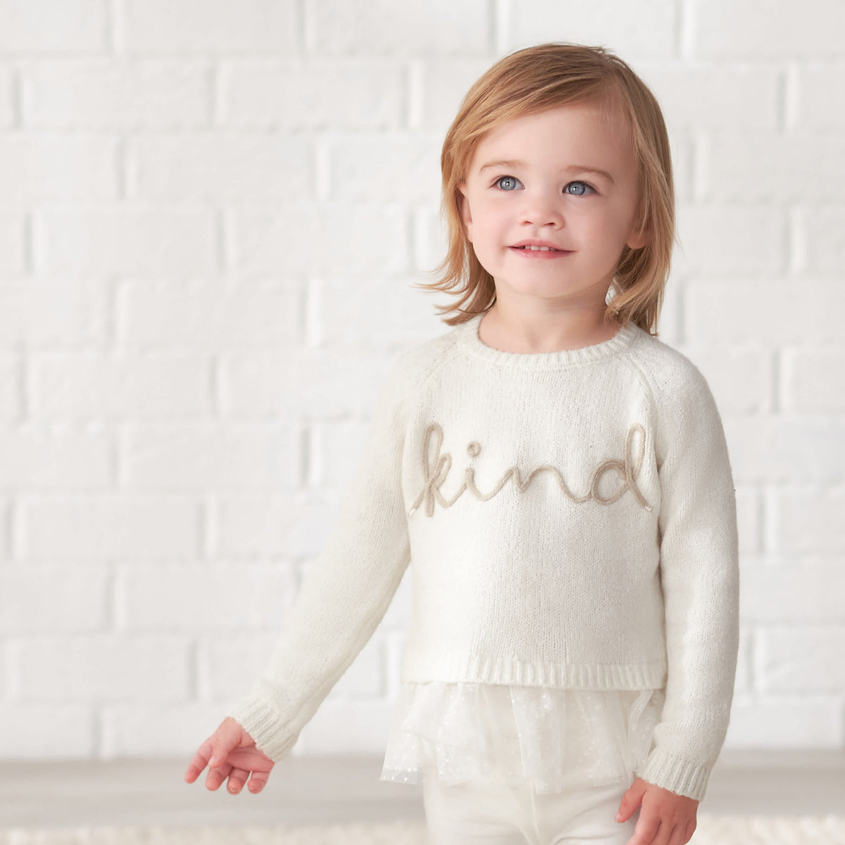 Infant & Toddler Girls White Sweater With Tulle Trim, view 3