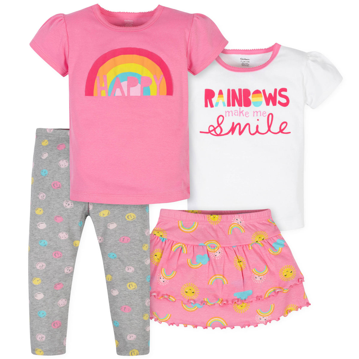 4-Piece Girls Rainbows Skirted Panty, Shirts and Slim Pant Set