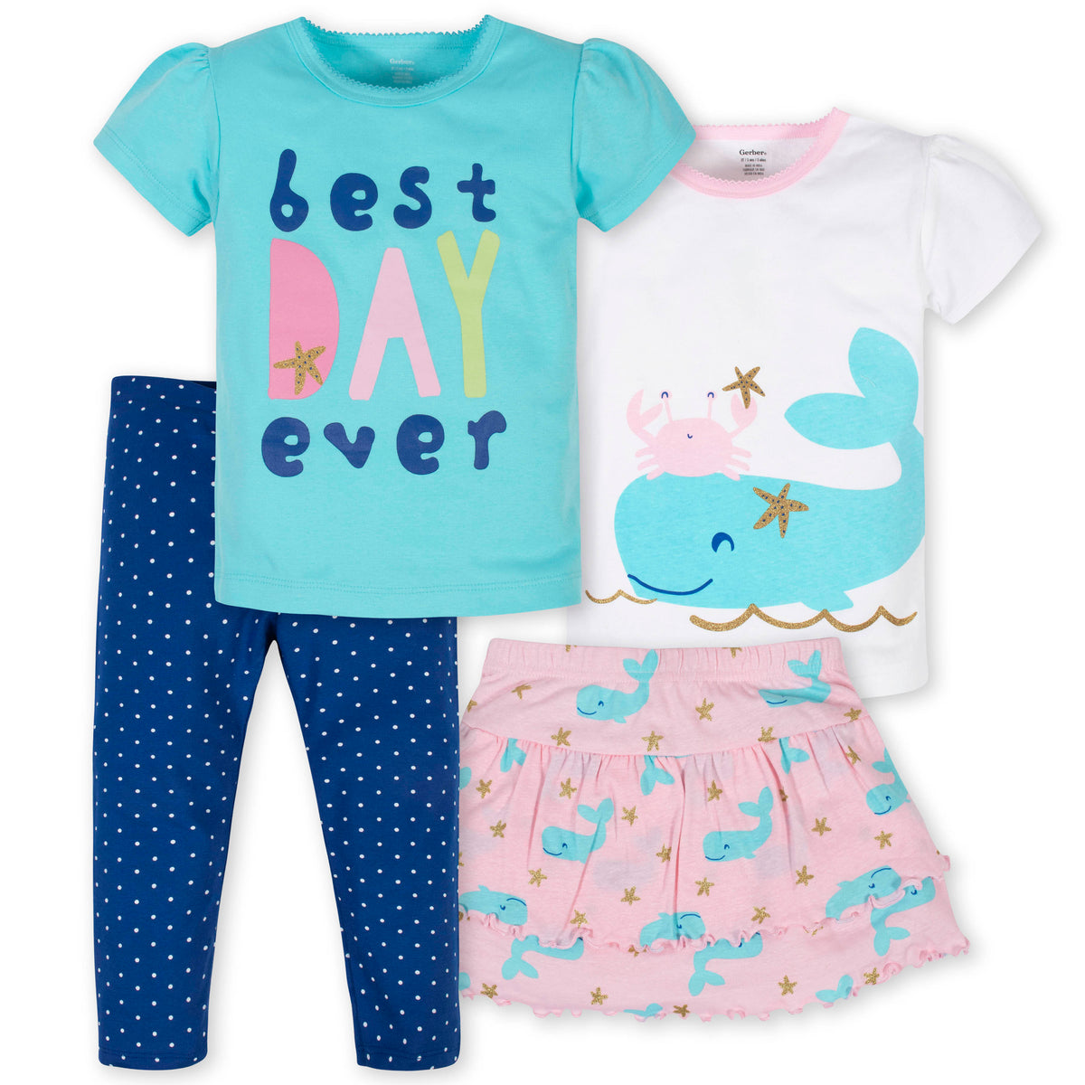 4-Piece Girls Nautical Skirted Panty, Shirts and Slim Pant Set