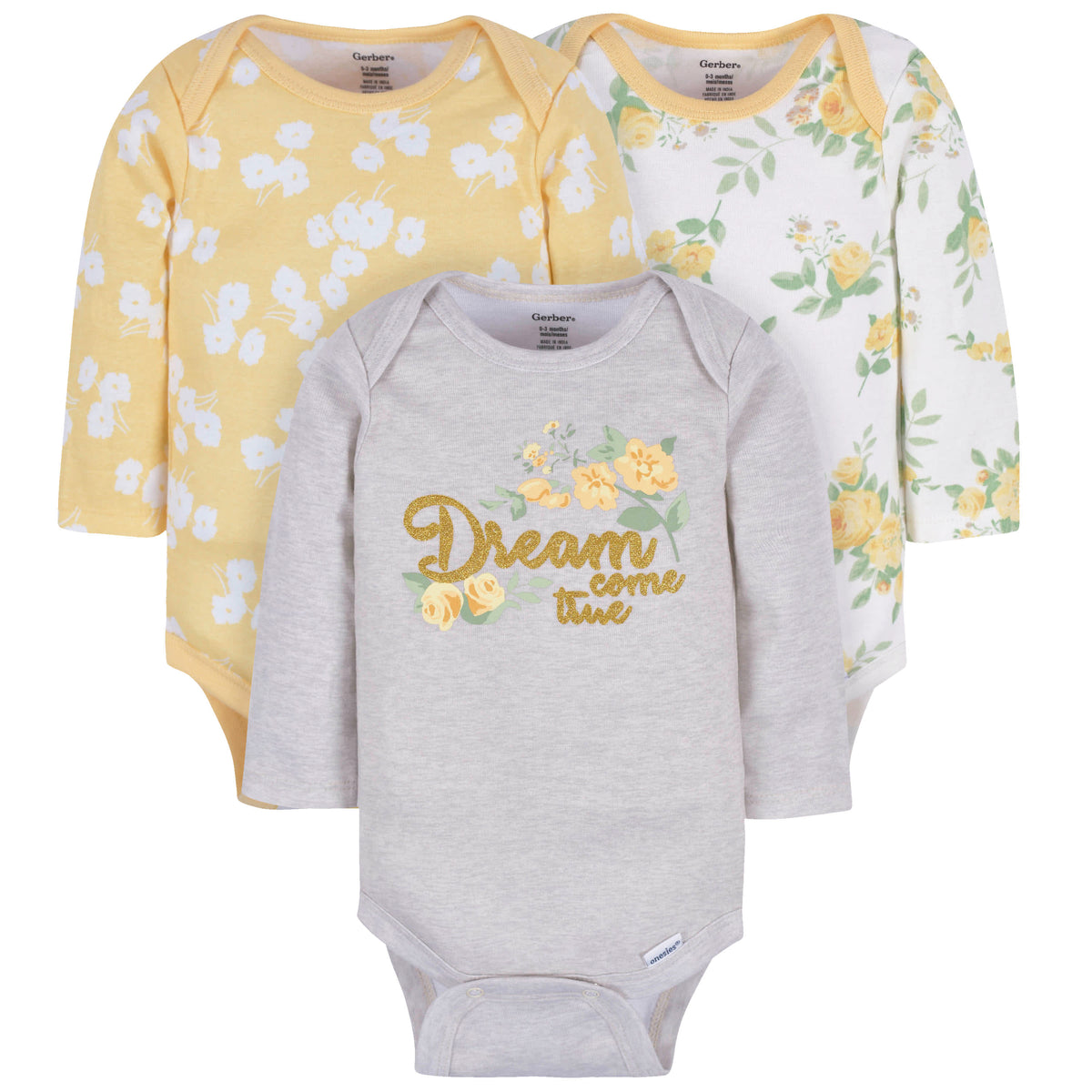 3-Pack Baby Girls Golden Flowers Long Sleeve Onesies Bodysuits