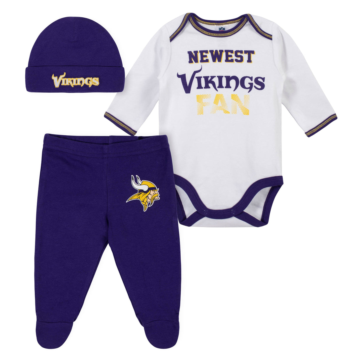 Baby Boys Minnesota Vikings 3-Piece Bodysuit, Pant and Cap Set