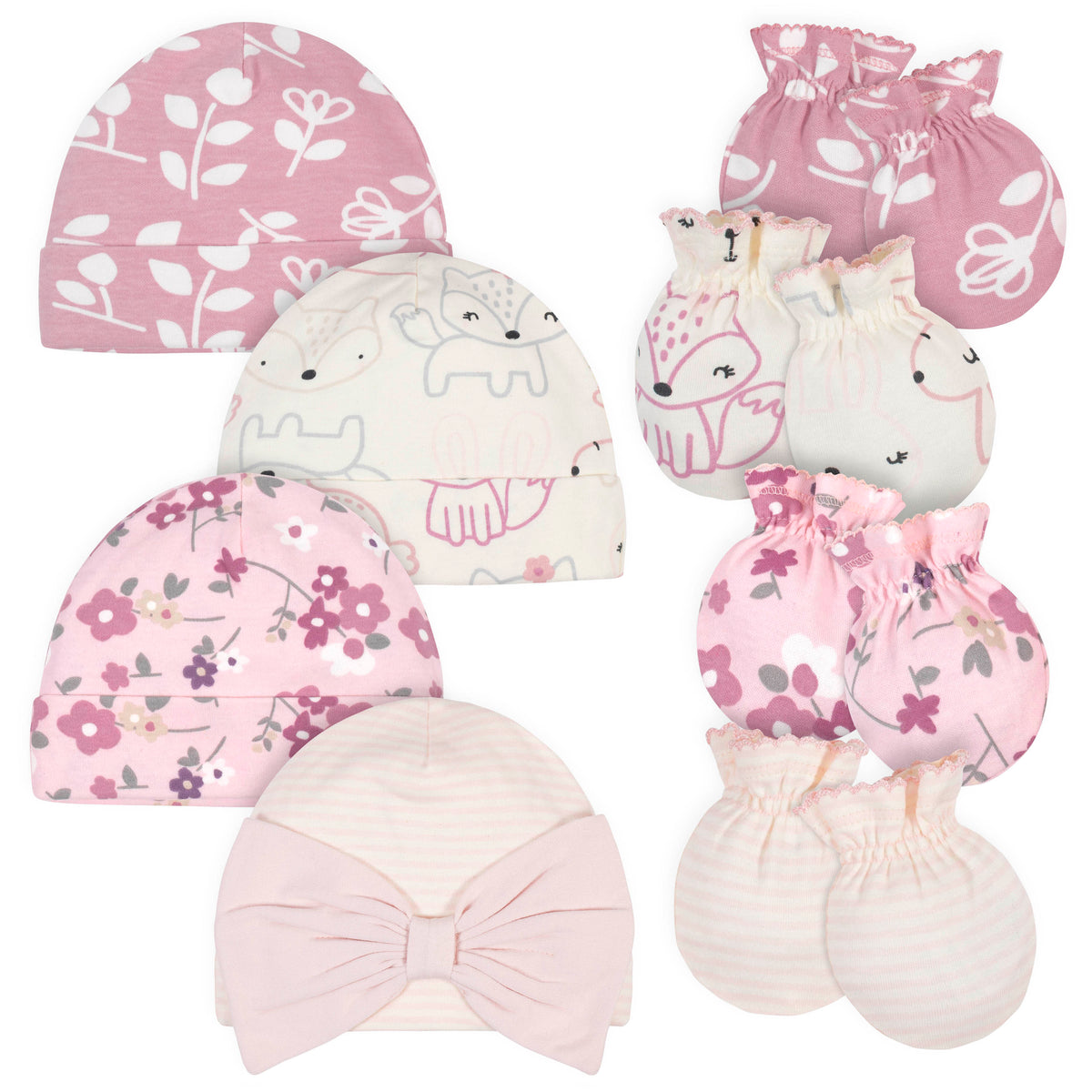 8-Piece Organic Baby Girls Fox Caps & No Scratch Mittens