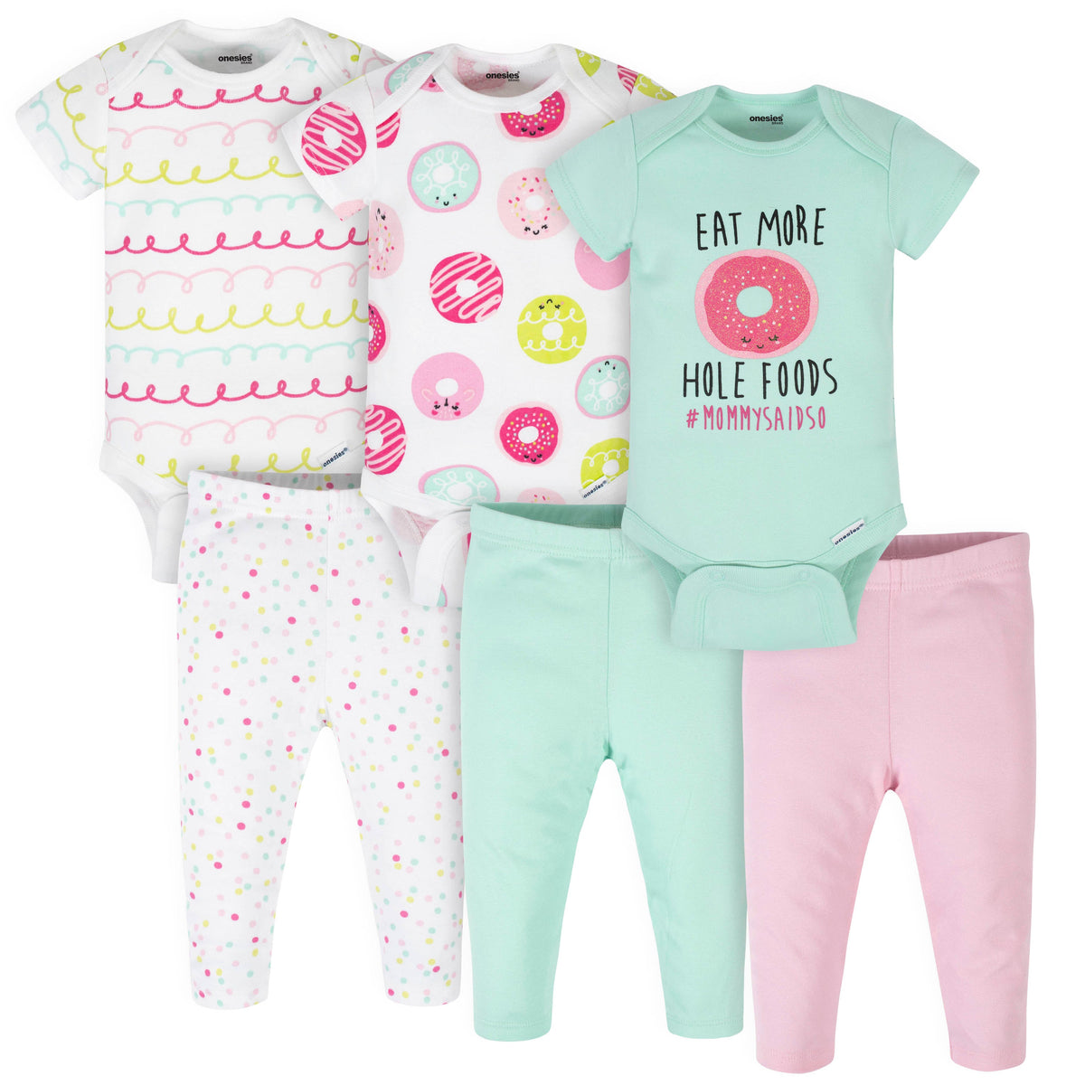 6-Piece Baby Girls Donut Onesies Bodysuit & Pant Set