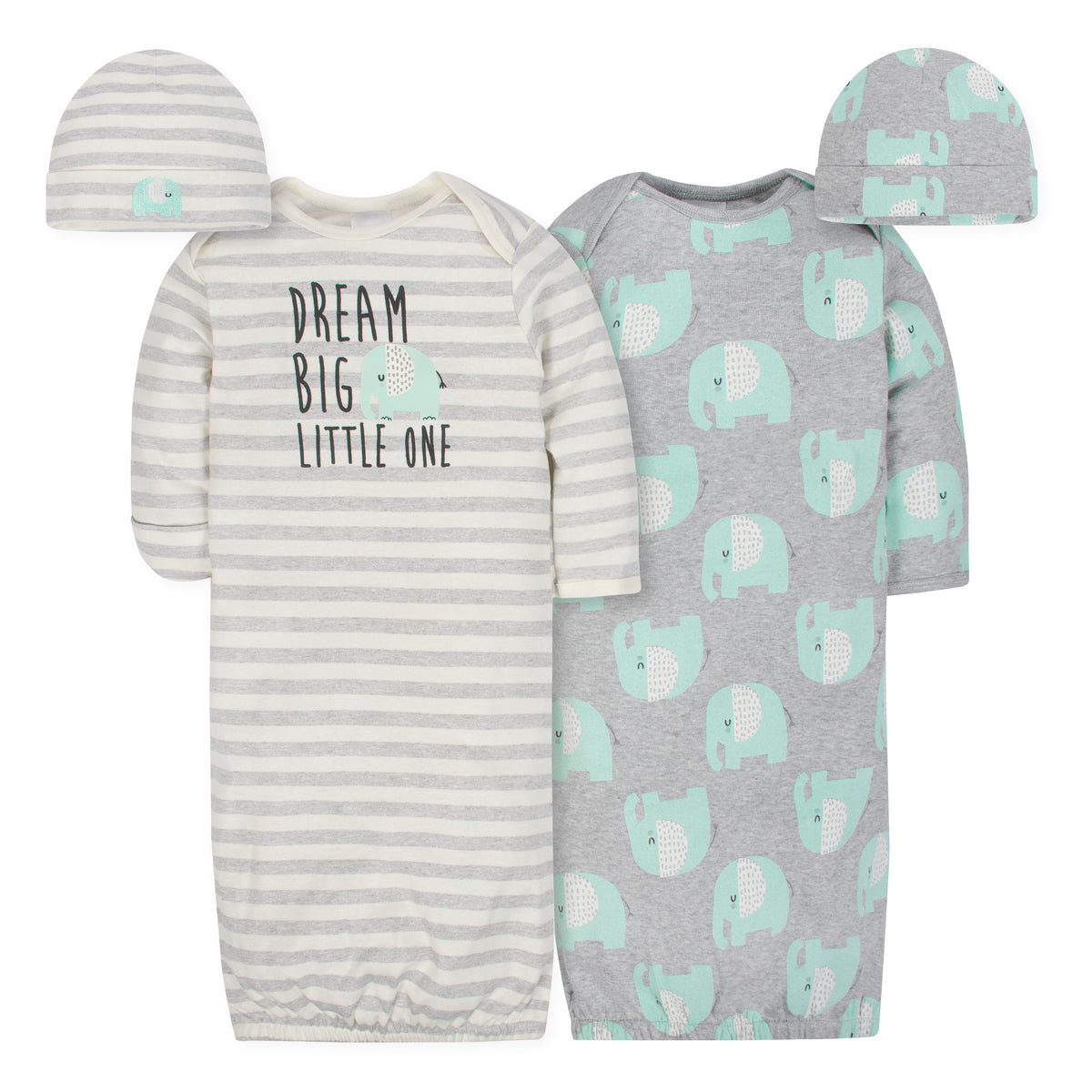 4-Piece Organic Baby Neutral Elephant Gown and Cap Set