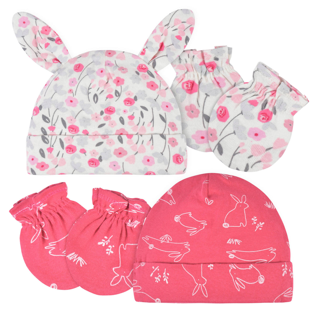 4-Piece Baby Girls Floral & Bunnies Caps & No Scratch Mittens Set