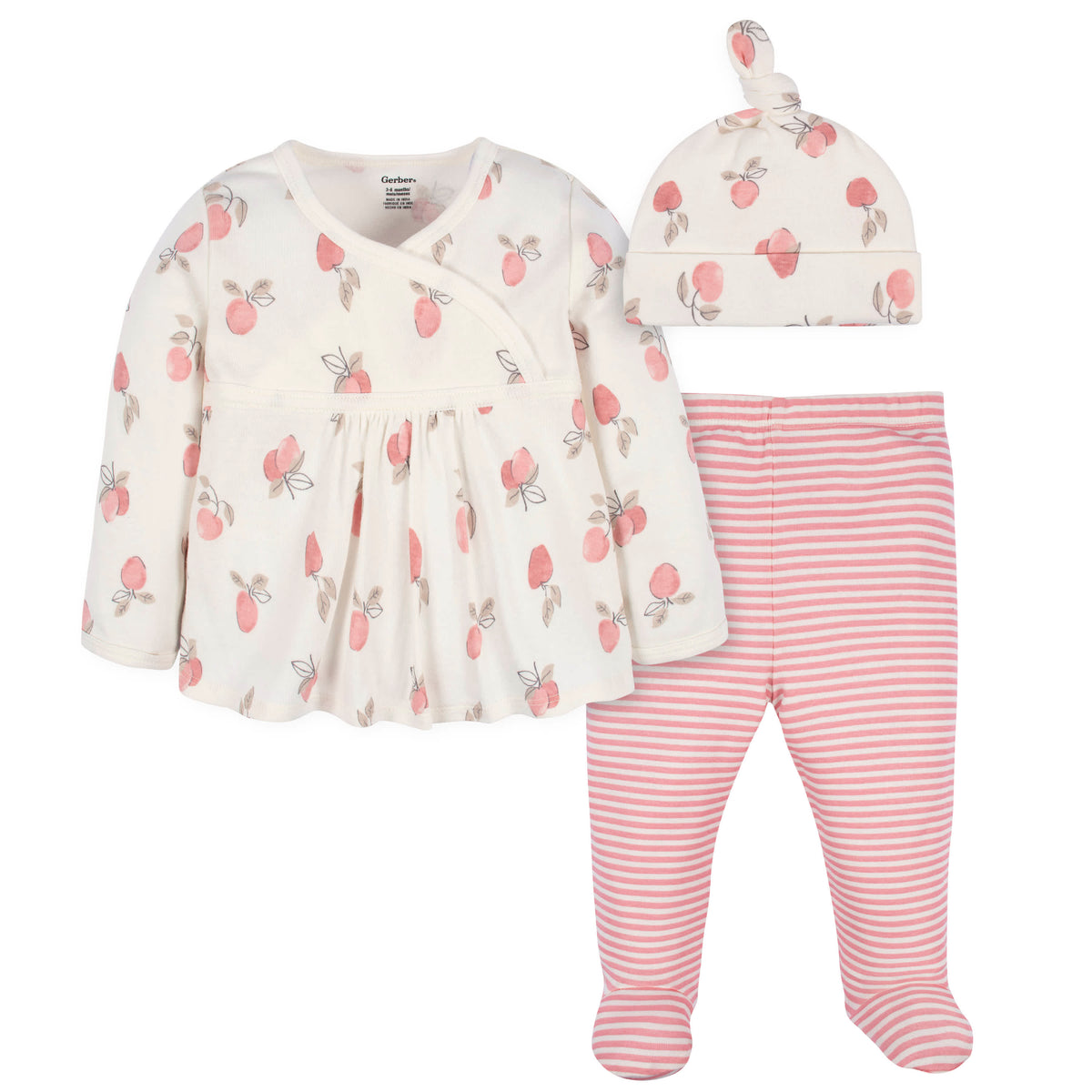 3-Piece Baby Girls Appley Sweet Long Sleeve Shirt, Footed Pant, & Cap Set