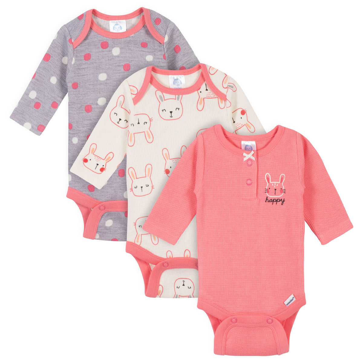 3-Pack Baby Girls Bunny Thermal Long Sleeve Onesies Bodysuits
