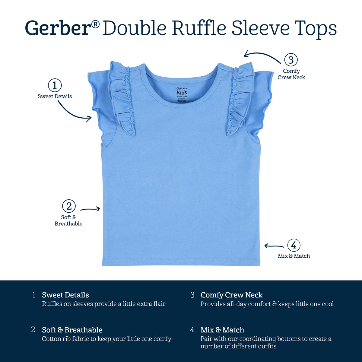 2-Pack Infant & Toddler Girls Blue Double Ruffle Tops, view 6
