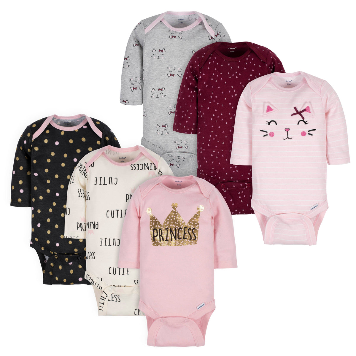 6-Pack Baby Girls Princess & Cat Long Sleeve Onesies Bodysuits