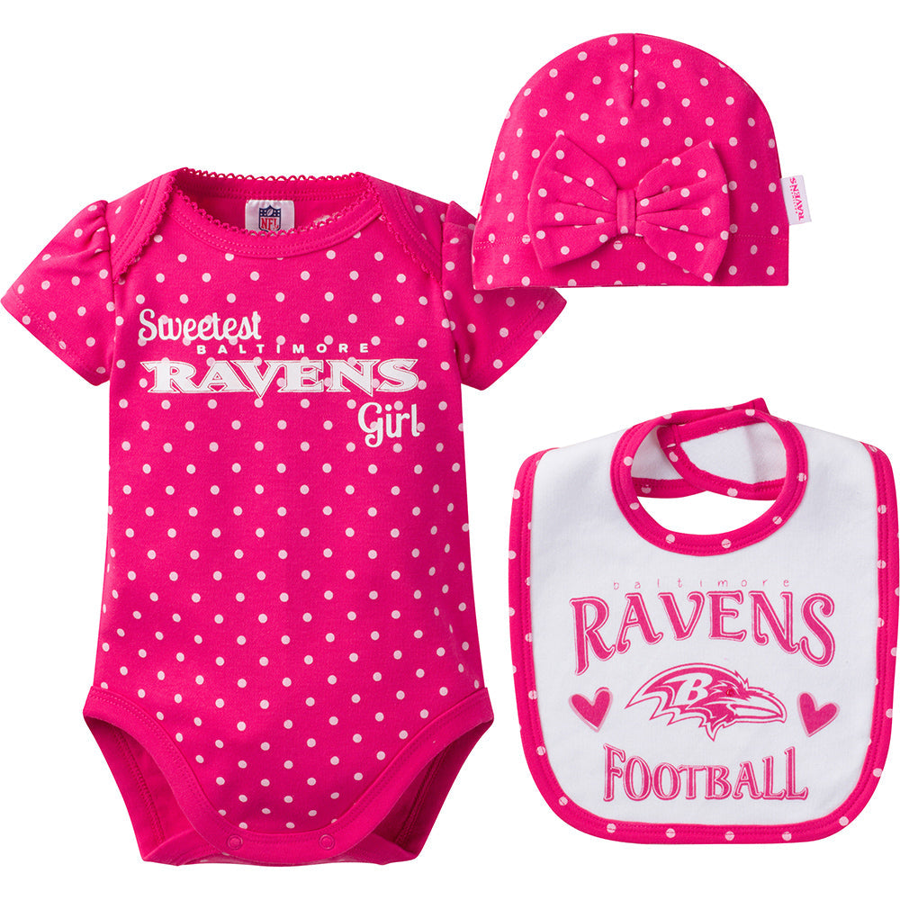 NFL 2-Piece Baby Girls Ravens Bodysuit, Bib and Cap Set