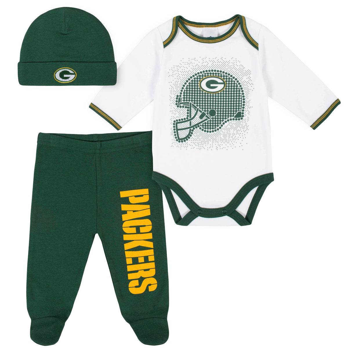 3-Piece Green Bay Packers Bodysuit, Pant, and Cap Set