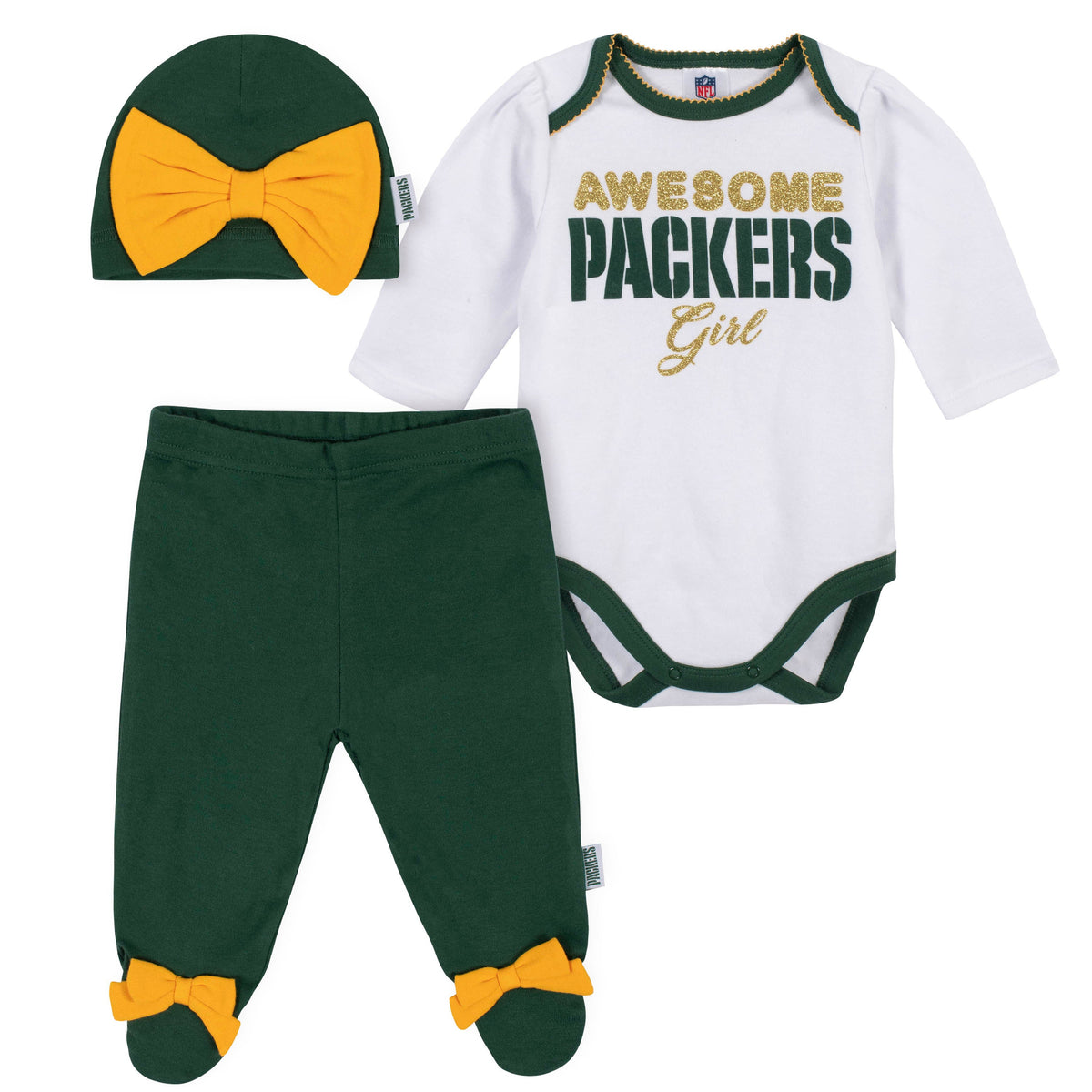 3-Piece Green Bay Packers Bodysuit, Pant, and Cap Set