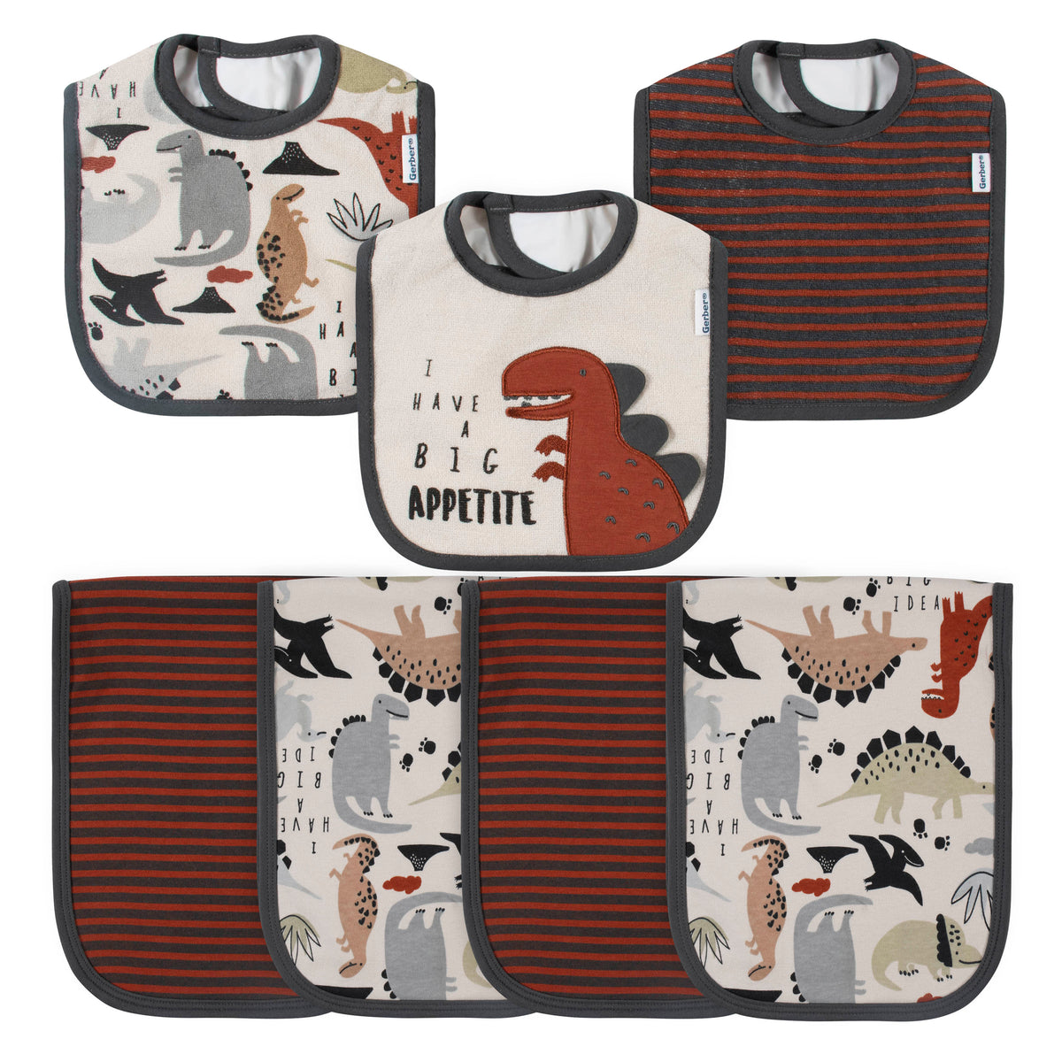 7-Piece Baby Neutral Dino Terry Bibs & Terry Burp Cloths Set