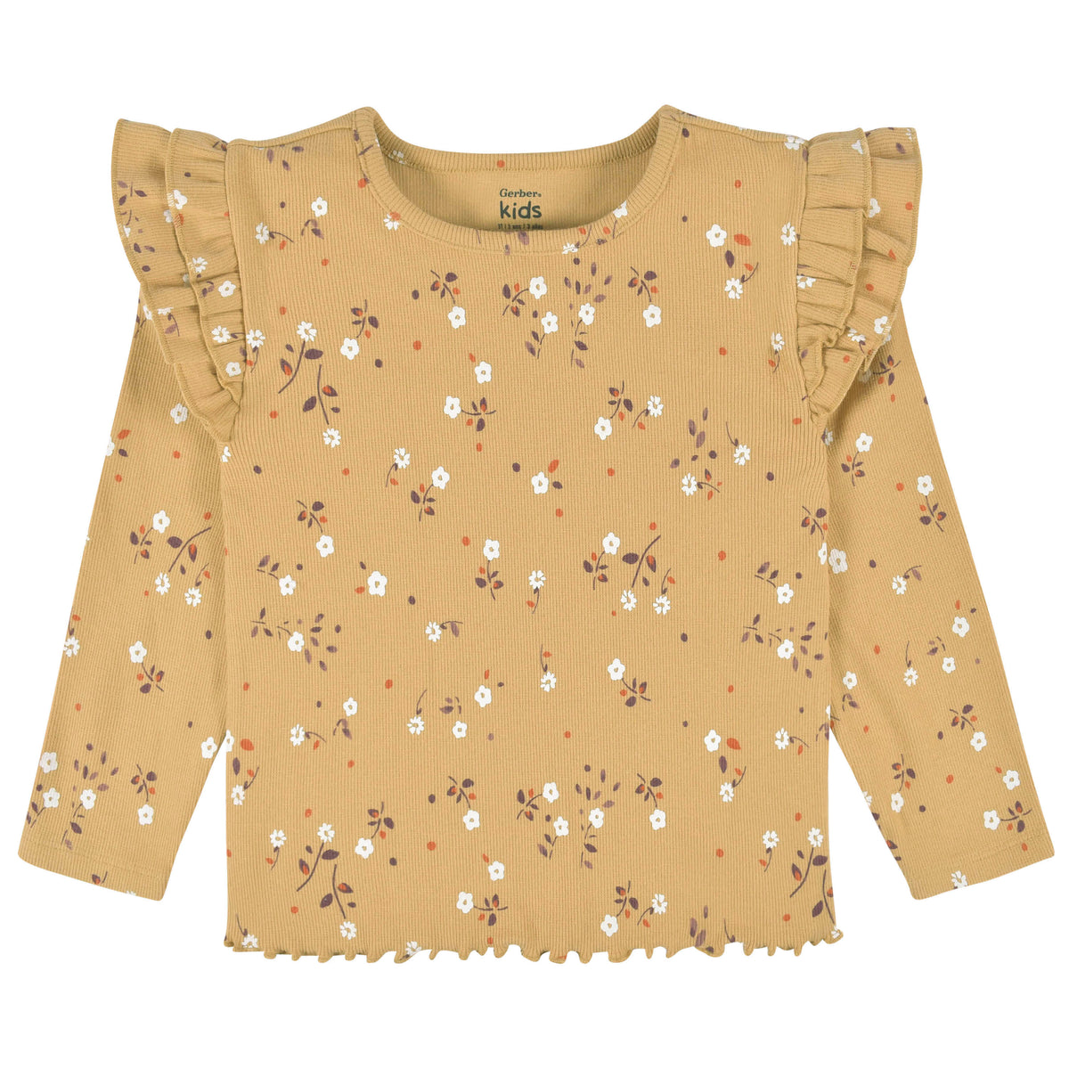 2-Pack Infant & Toddler Girls Mustard Floral Double Ruffle Tops, view 2