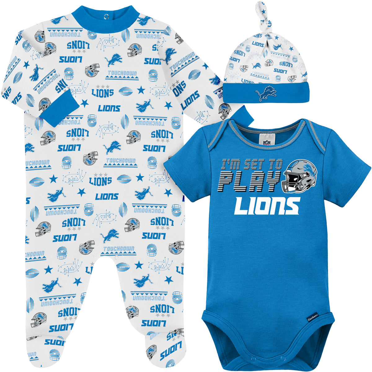 3-Piece Baby Boys Detroit Lions Bodysuit, Sleep 'N Play & Cap Set