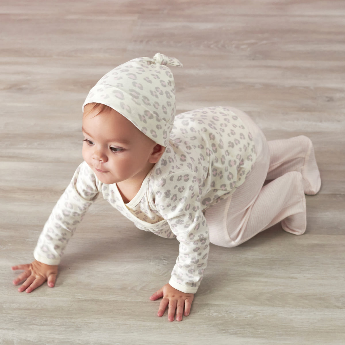 3-Piece Baby Girls Leopard Long Sleeve Shirt, Footed Pant, & Cap Set, view 4
