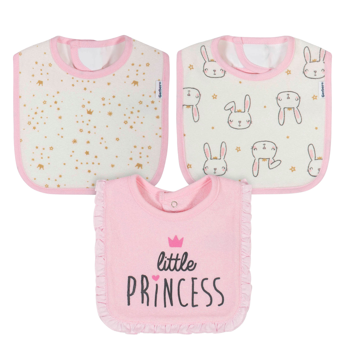 3-Pack Baby Girls Princess Terry Bibs