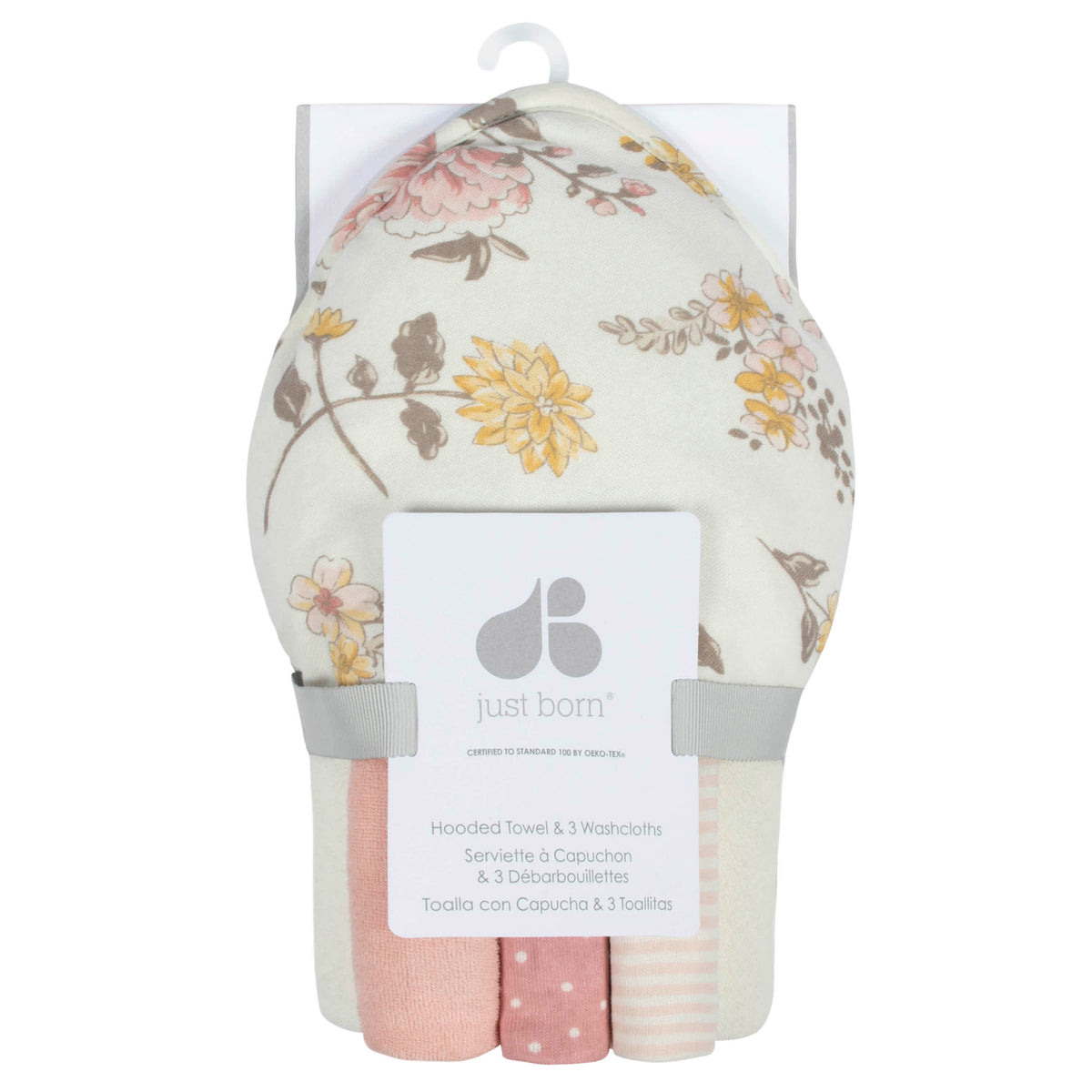 4-Piece Baby Girls Vintage Floral Hooded Towel & Washcloths Set, view 2