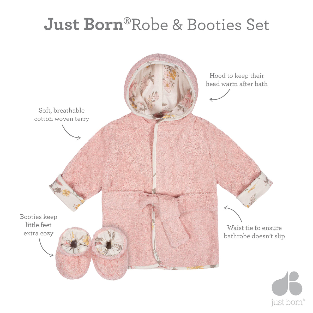 2-Piece Baby Girls Vintage Floral Bathrobe & Booties Set, view 5