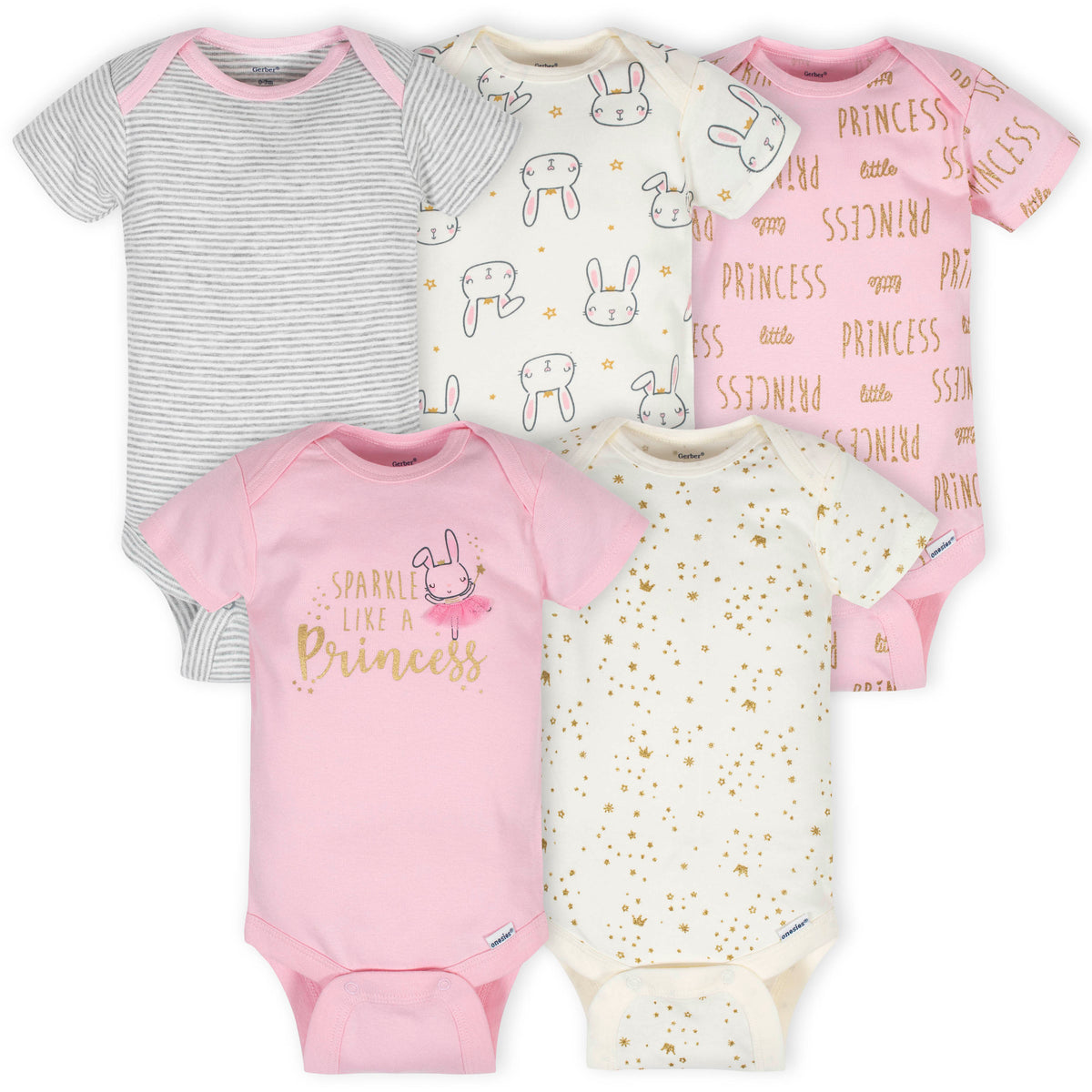 5-Pack Baby Girls Princess Short Sleeve Onesies Bodysuits