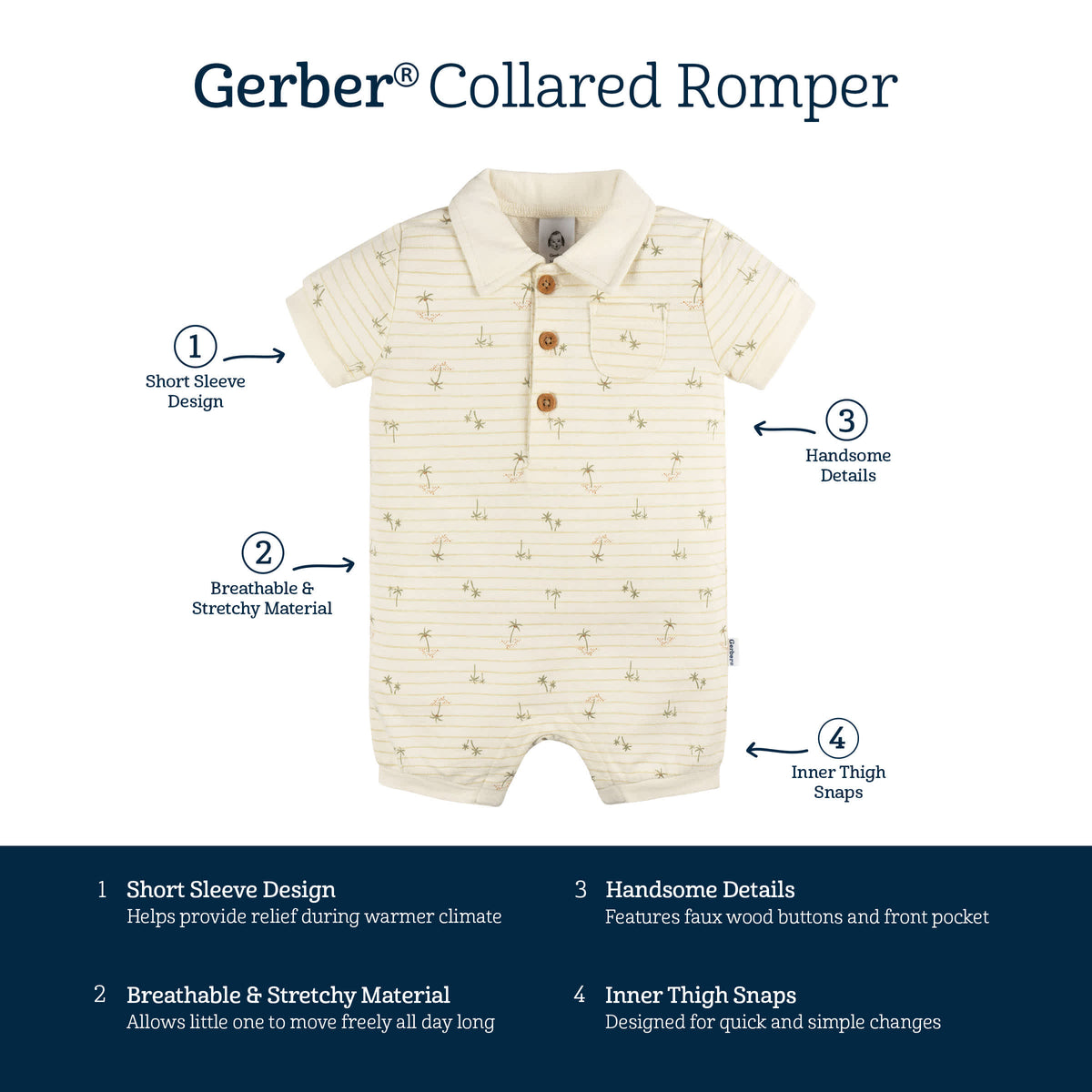 Baby Boys Palm Tree Stripe Collared Romper, view 5