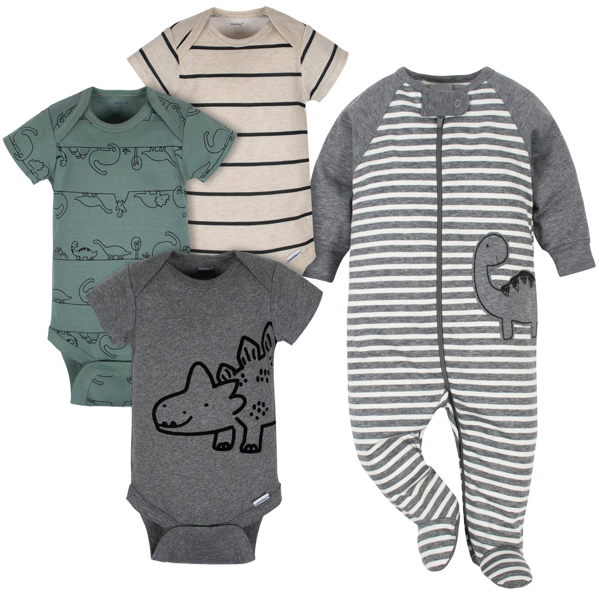 4-Piece Baby Boys Dinosaur Onesies Brand Bodysuits & Sleep 'N Play Set