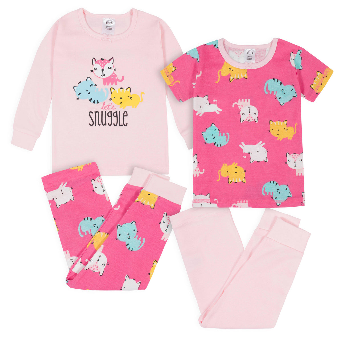 4-Piece Girls Cats Snug Fit Cotton Pajamas