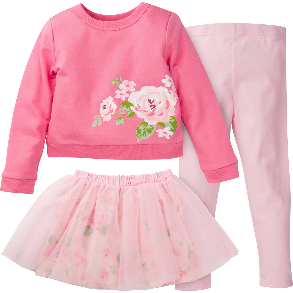 3-Piece Baby & Toddler Girls Roses French Terry Top, Tulle Tutu, & Legging Set