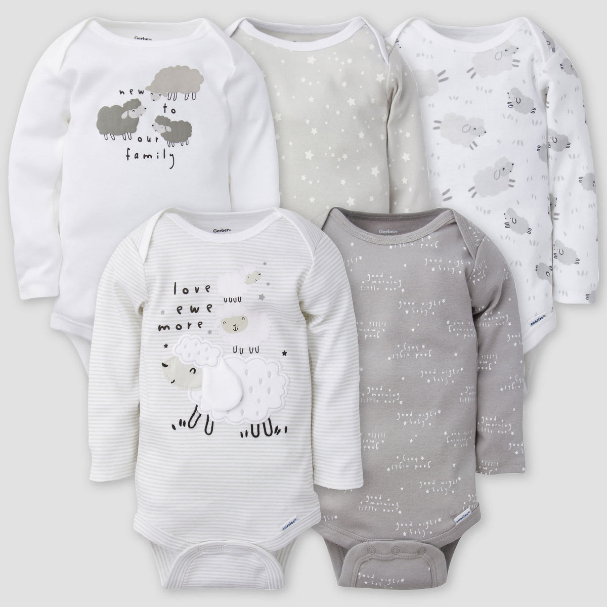 5-Pack Baby Neutral Lamb Long Sleeve Onesies Bodysuits
