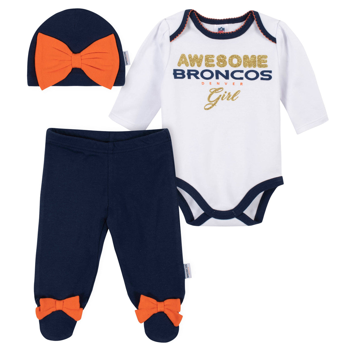 3-Piece Denver Broncos Bodysuit, Pant, and Cap Set