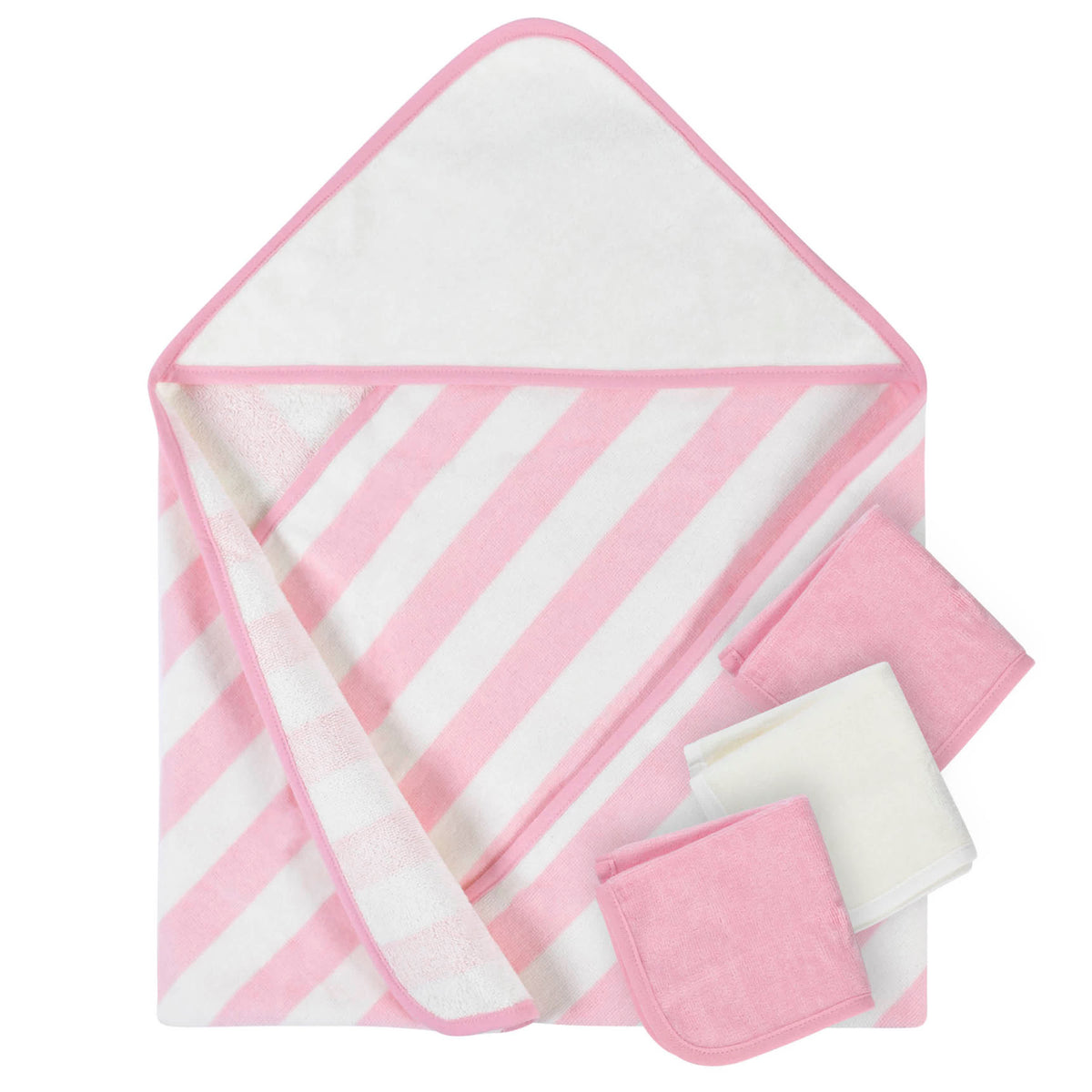 4-Piece Baby Girls Striped Pink Personalized Hooded Towel & Washcloths Set