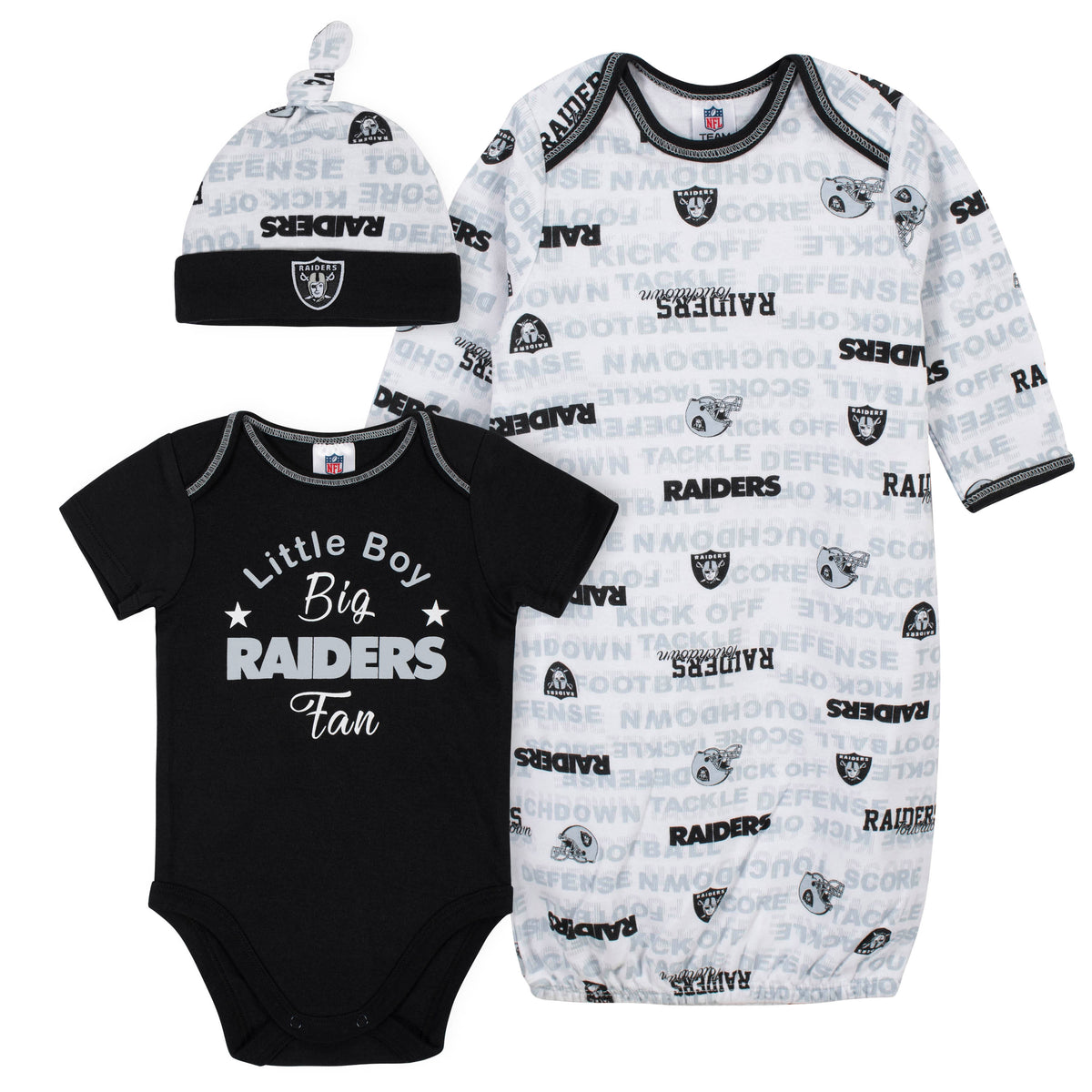 Baby Boys 3-Piece Oakland Raiders Bodysuit, Gown, and Cap Set