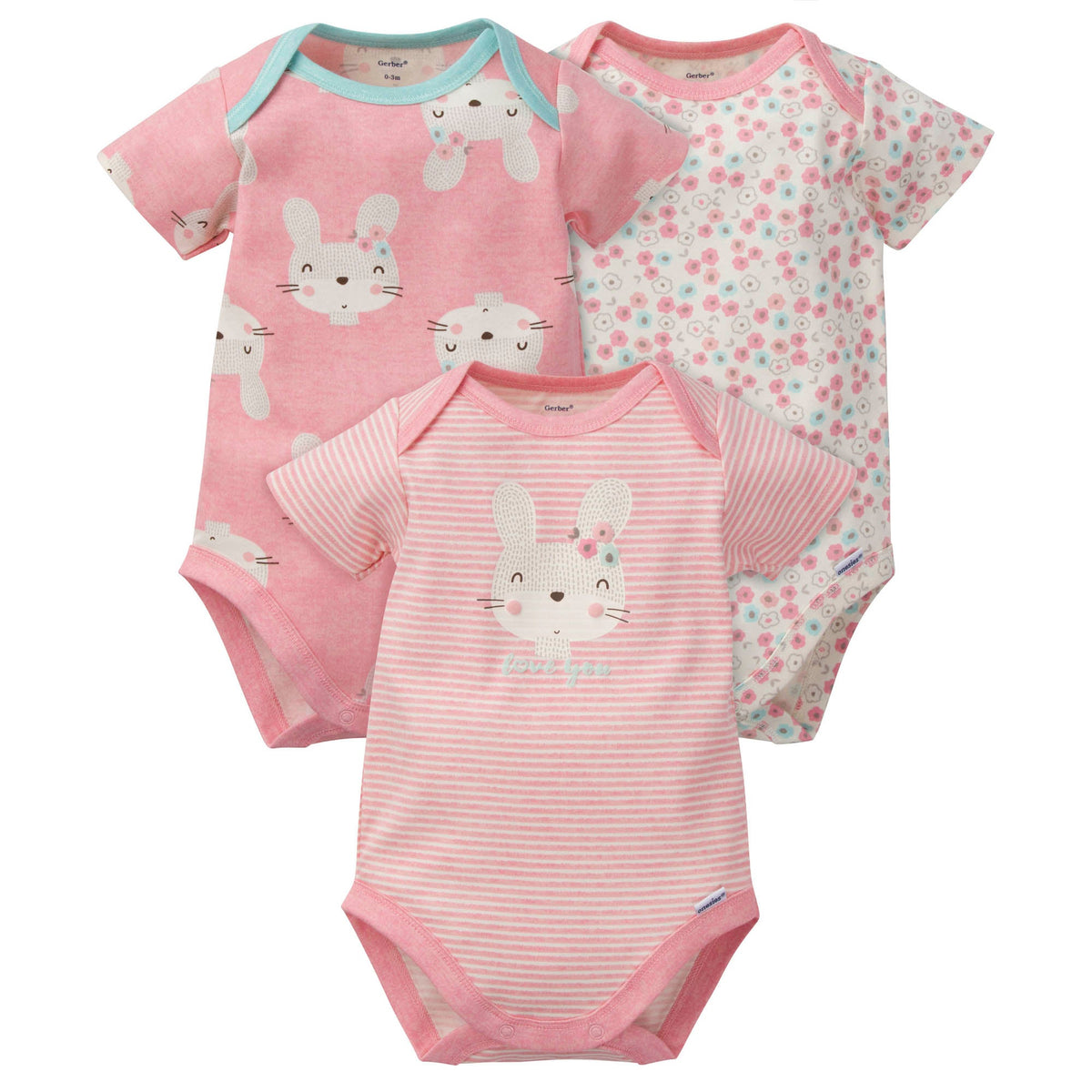 3-Pack Organic Baby Girls Floral Bunny Short Sleeve Onesies Brand Bodysuits