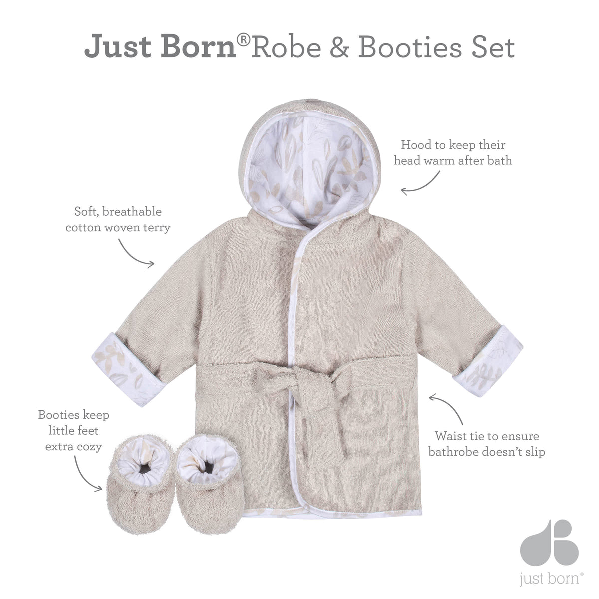 2-Piece Baby Neutral Natural Leaves Bathrobe & Booties Set, view 5