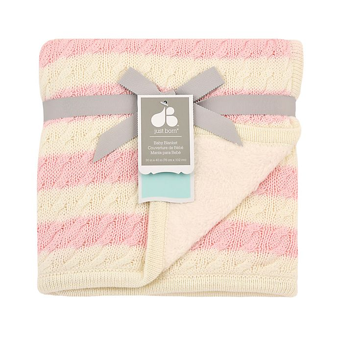 Just Born Pink and White Striped Cable Knit Blanket, view 2