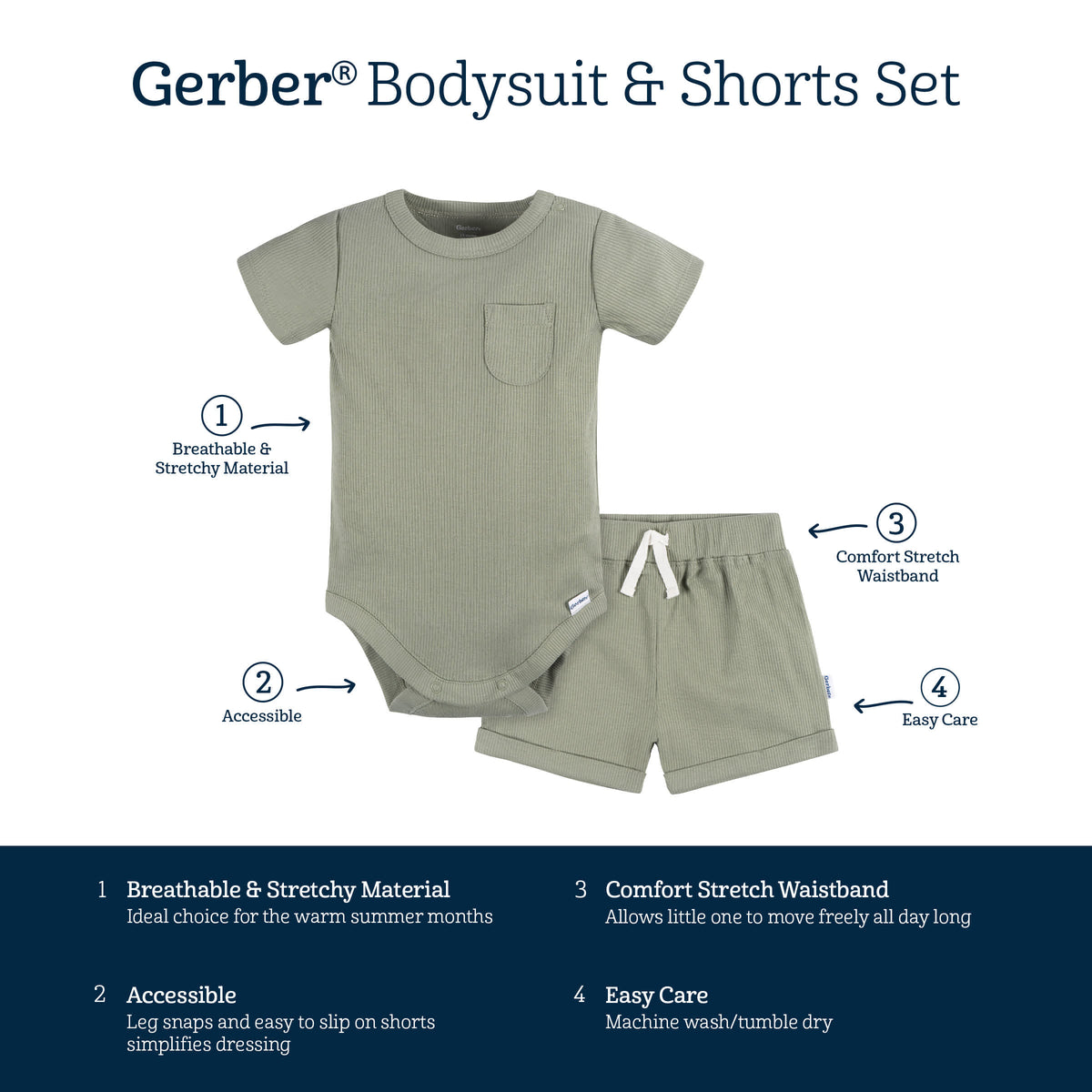 2-Piece Baby Boys Olive Bodysuit and Shorts, view 7
