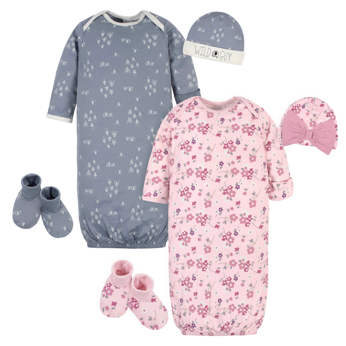 Assorted Organic Baby Neutral Wildflower & Gray Gown, Cap, & Booties Sets