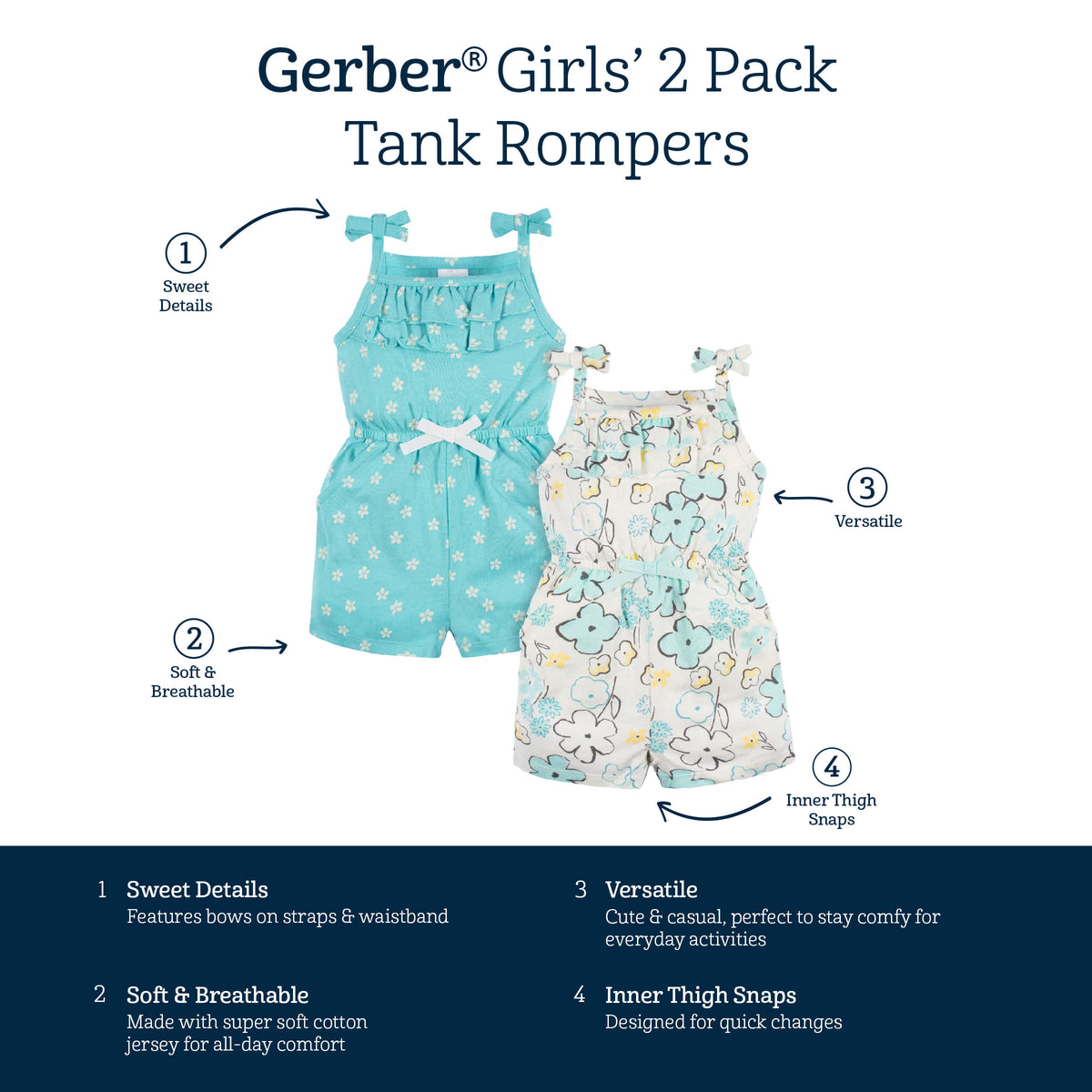 2-Pack Baby & Toddler Girls Bee Petals Tank Rompers, view 10