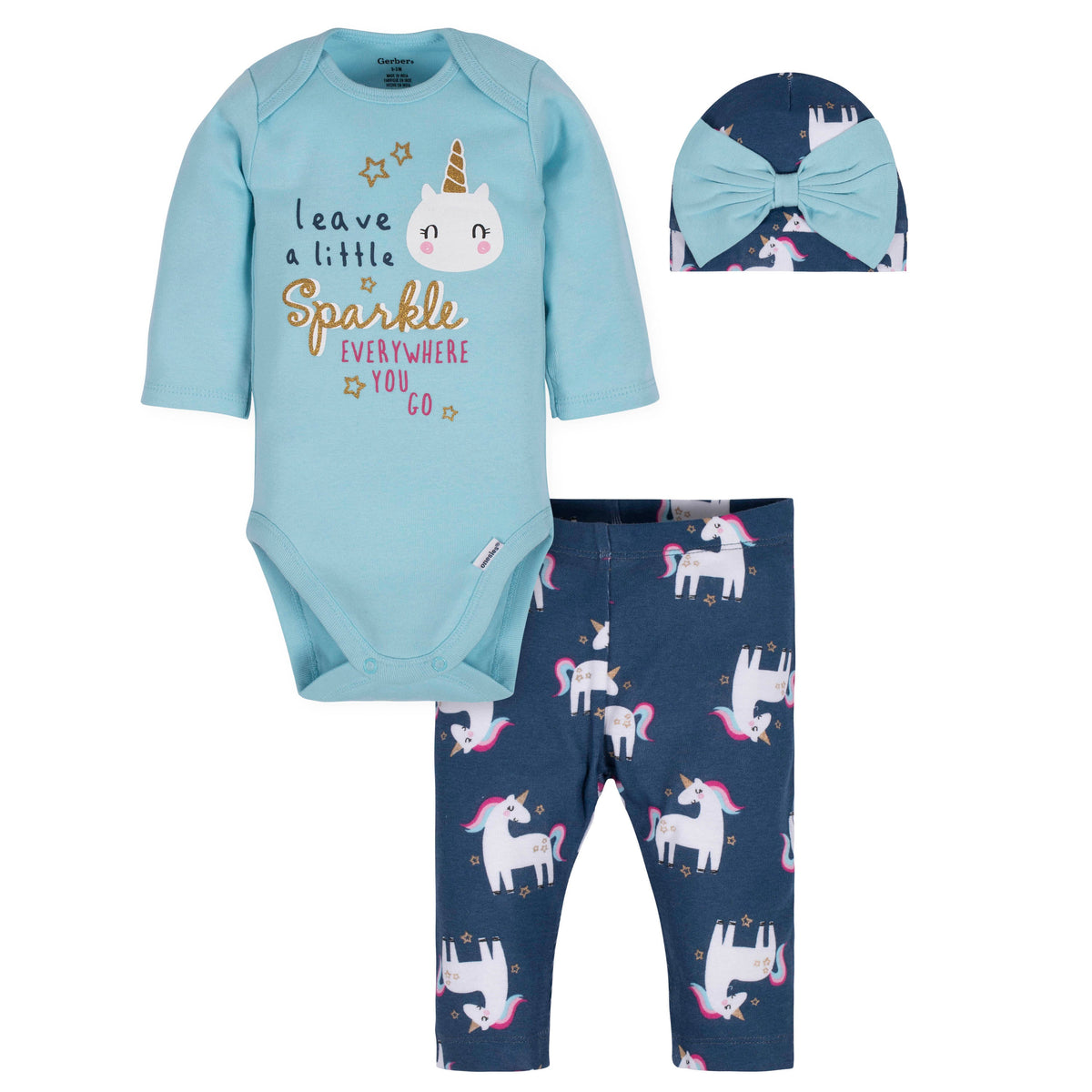 3-Piece Baby Girls Unicorn Bodysuit, Pant, & Cap Set