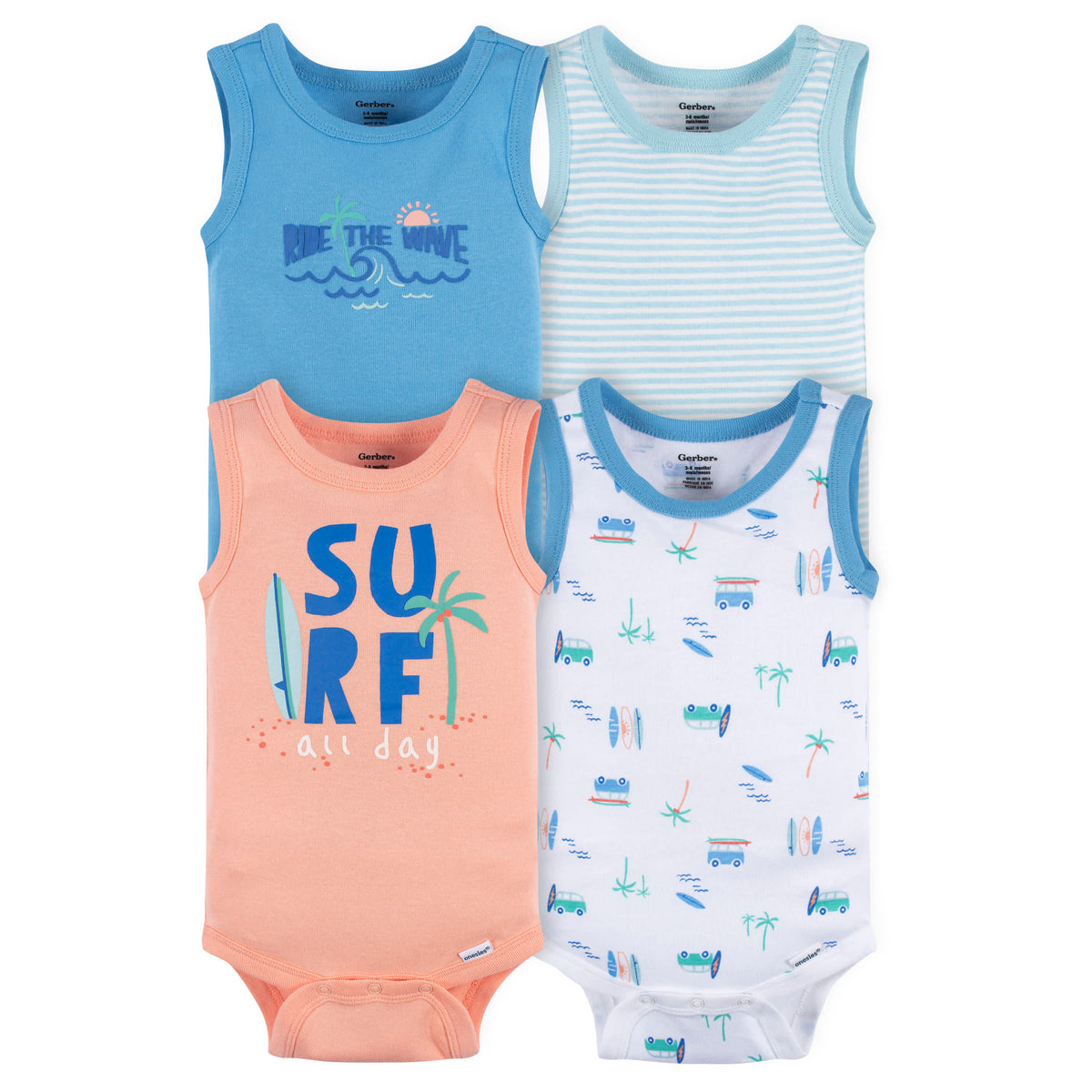 4-Pack Baby Boys Surf Beach Sleeveless Onesies Bodysuits