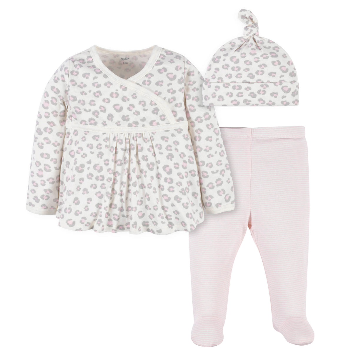 3-Piece Baby Girls Leopard Long Sleeve Shirt, Footed Pant, & Cap Set