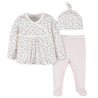 3-Piece Baby Girls Leopard Long Sleeve Shirt, Footed Pant, & Cap Set